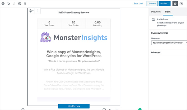 Giveaway embedded directly into WordPress post layout
