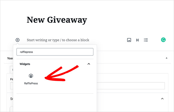 RafflePress block selected in WordPress block editor