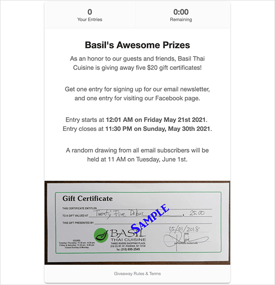Basil Thai Cuisine restaurant giveaway created with RafflePress to grow their email list by 52%