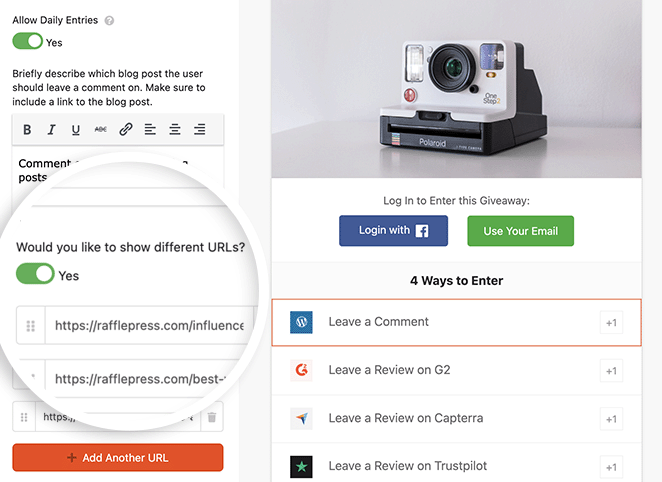 leave-comment-multiple-blog-posts - RafflePress A screenshot showing RafflePress leave a comment action settings for different URLs