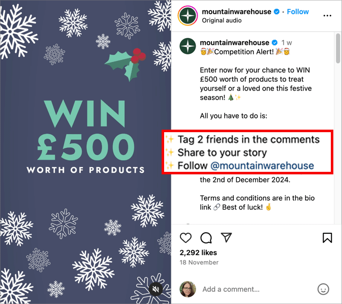 mountain-warehouse-follow-on-instagram-giveaway - RafflePress Instagram example of simple contest ideas on social media