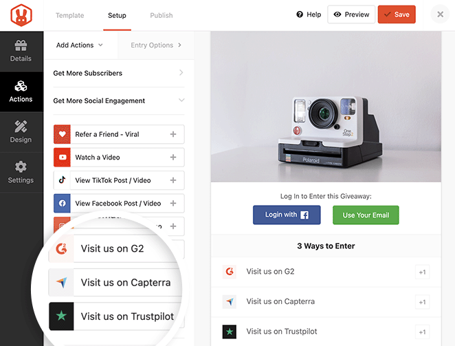 rafflepress-review-actions - RafflePress A screenshot of RafflePress's G2, Capterra, and Trustpilot giveaway actions.